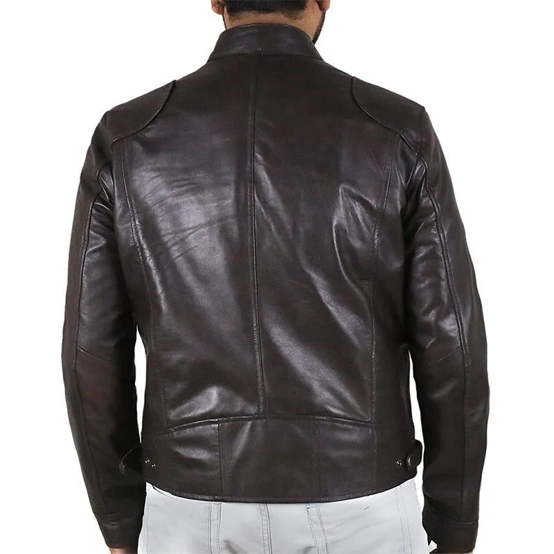 Men's Vintage Stand Collar Zipper Pocket Slim Leather Jacket 19024793M sold by Manly product image thumbnail 4