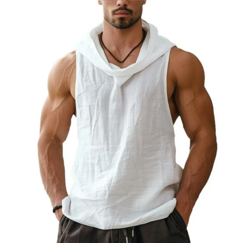 Men's Solid Cotton And Linen Hooded Sleeveless Tank Top 60860905Z sold by Manly