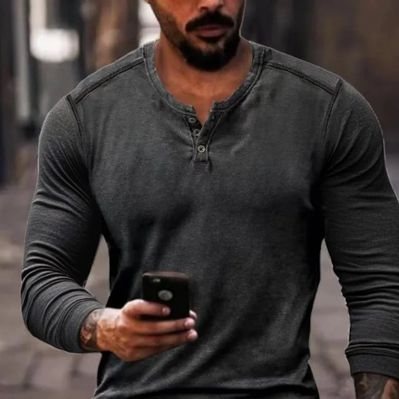 Men's Casual Solid Color Henley Collar Long Sleeve T-Shirt 51094335Y sold by Manly product image thumbnail 3
