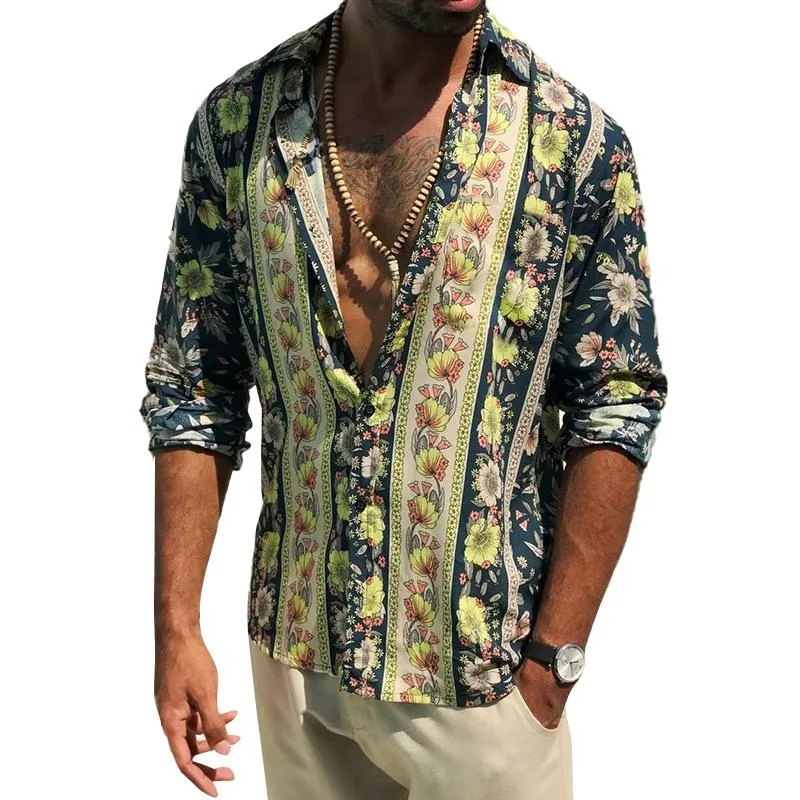 Men's Vintage Print Lapel Long Sleeve Shirt 46935418Y sold by Manly