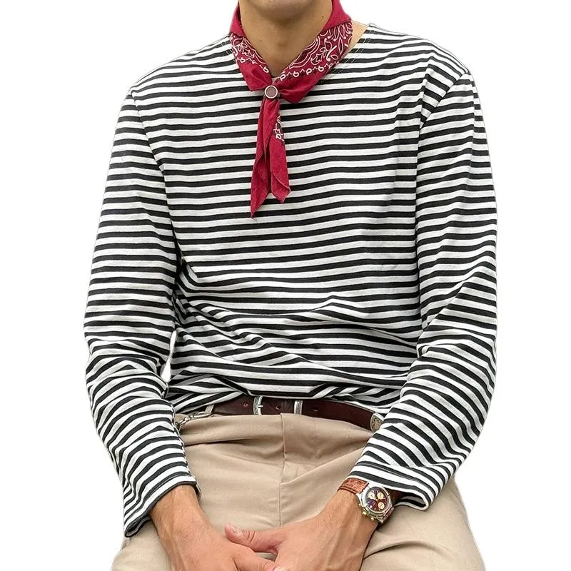 Men's Casual Retro Classic Striped Navy Long Sleeve T-shirt 39138718TO sold by Manly