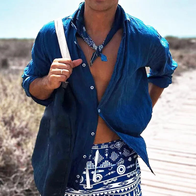 Men's Retro Casual Solid Color Cotton and Linen Long Sleeve Shirt 32559128TO sold by Manly product image thumbnail 2