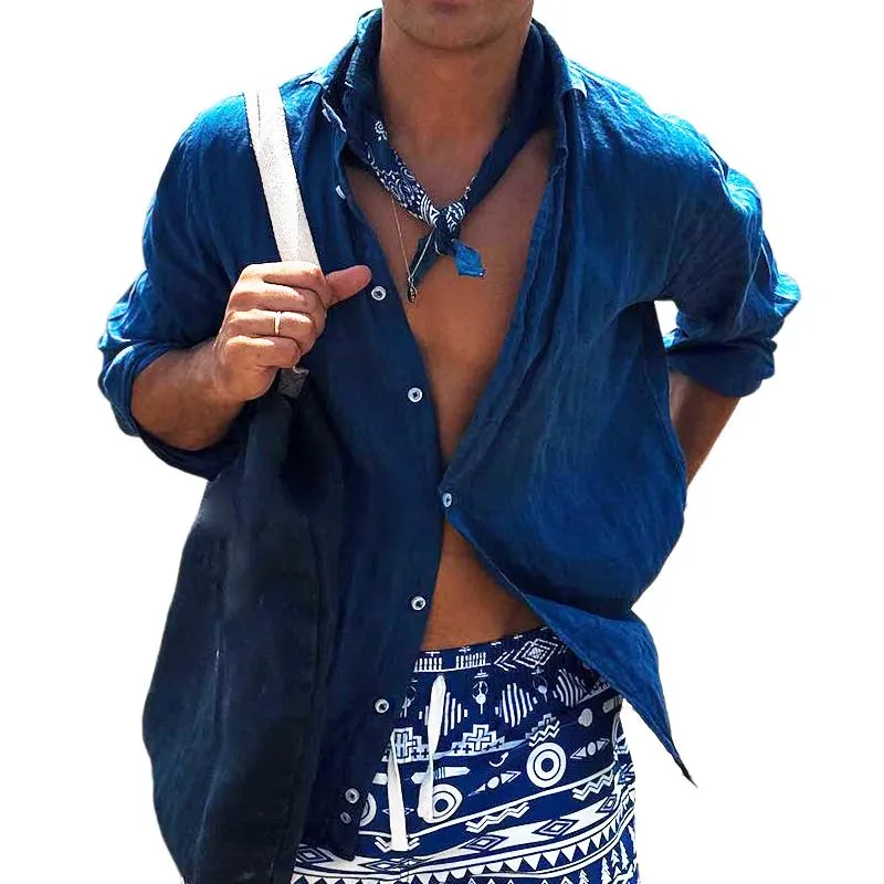 Men's Retro Casual Solid Color Cotton and Linen Long Sleeve Shirt 32559128TO sold by Manly