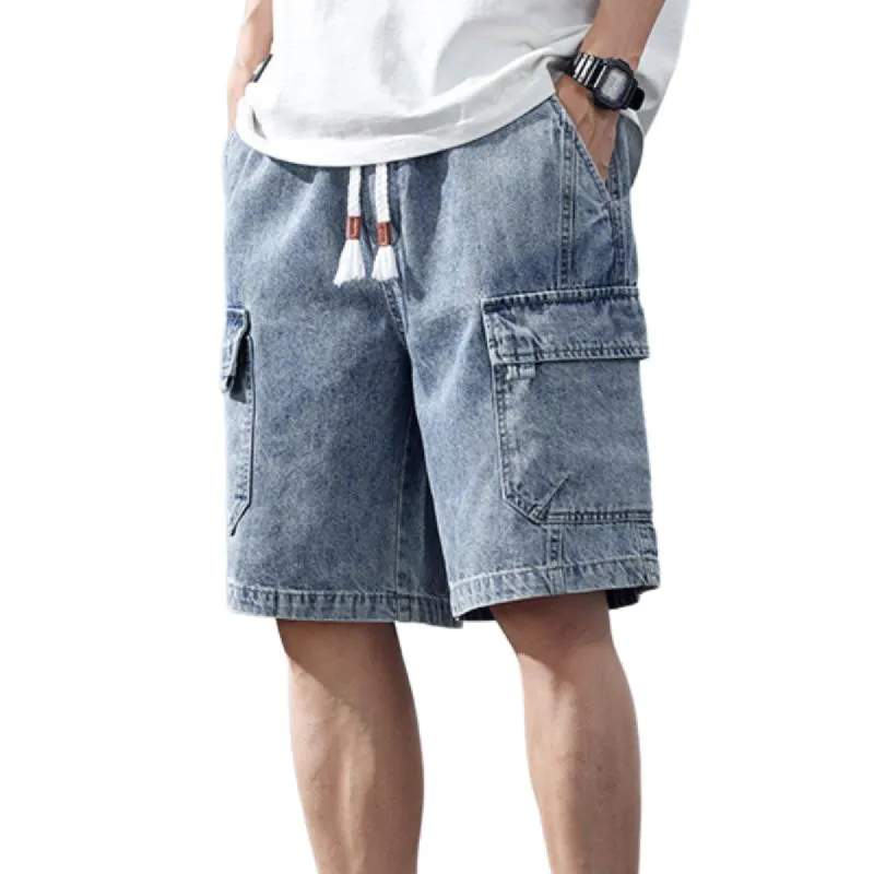 Men's Solid Multi-Pocket Denim Cargo Shorts 64802734Y sold by Manly