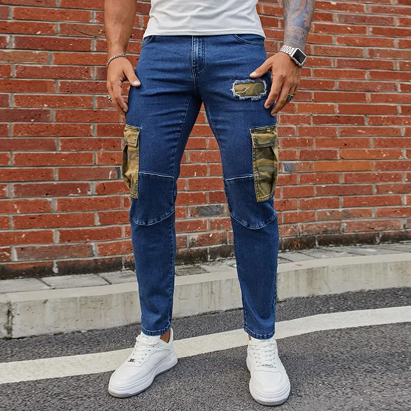 Men's Vintage Washed Distressed Camouflage Pocket Patchwork Jeans 35607005M sold by Manly product image thumbnail 2