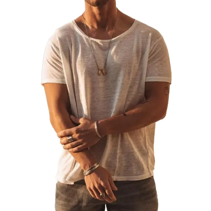【24-hour shipping out】Men's Casual Solid Color Loose Round Neck Slub Cotton Short Sleeve T-Shirt 53669259Y sold by Manly