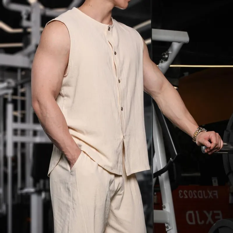 Men's Solid Color Cotton And Linen Round Neck Sleeveless Tank Top 03229675Z sold by Manly product image thumbnail 3