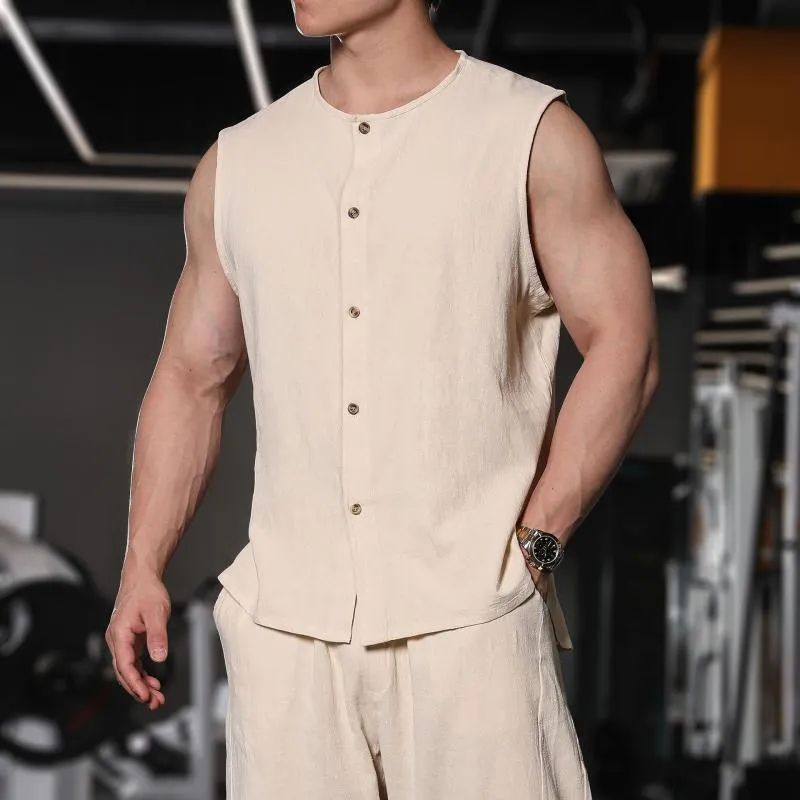 Men's Solid Color Cotton And Linen Round Neck Sleeveless Tank Top 03229675Z sold by Manly product image thumbnail 2