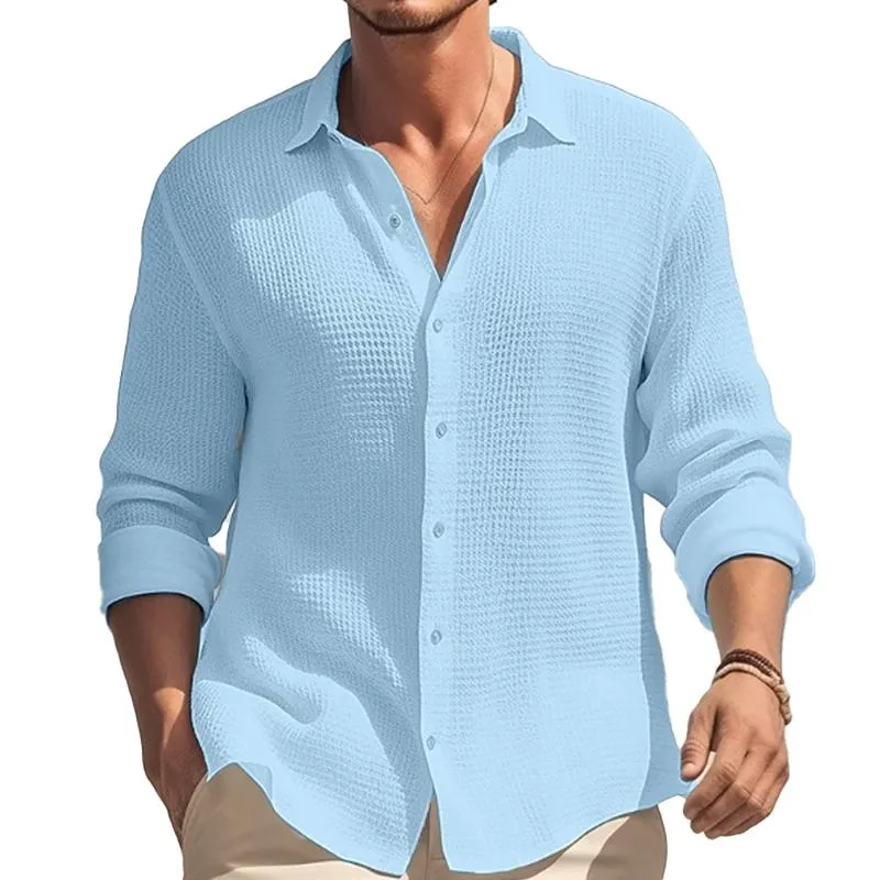Men's Casual Solid Color Waffle Lapel Long Sleeve Shirt 84875313Y sold by Manly