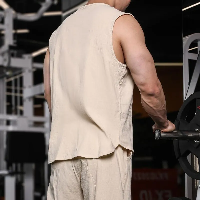 Men's Solid Color Cotton And Linen Round Neck Sleeveless Tank Top 03229675Z sold by Manly product image thumbnail 5