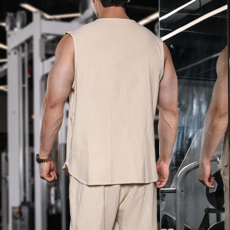 Men's Solid Color Cotton And Linen Round Neck Sleeveless Tank Top 03229675Z sold by Manly product image thumbnail 4