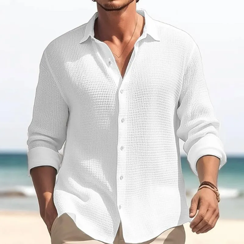 Men's Casual Solid Color Waffle Lapel Long Sleeve Shirt 84875313Y sold by Manly product image thumbnail 3