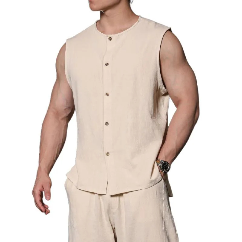 Men's Solid Color Cotton And Linen Round Neck Sleeveless Tank Top 03229675Z sold by Manly