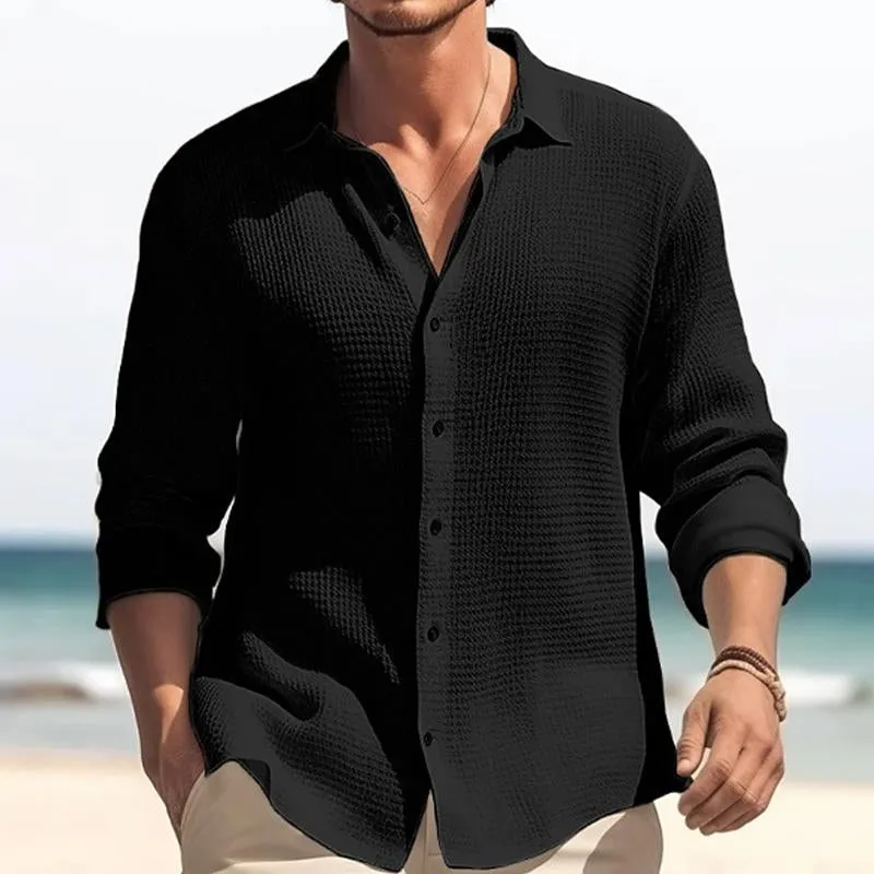 Men's Casual Solid Color Waffle Lapel Long Sleeve Shirt 84875313Y sold by Manly product image thumbnail 4