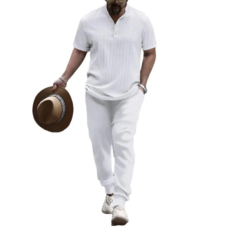 Men's Solid Color Pleated Stand Collar Short-Sleeved Shirt And Trousers Set 62474803Y sold by Manly