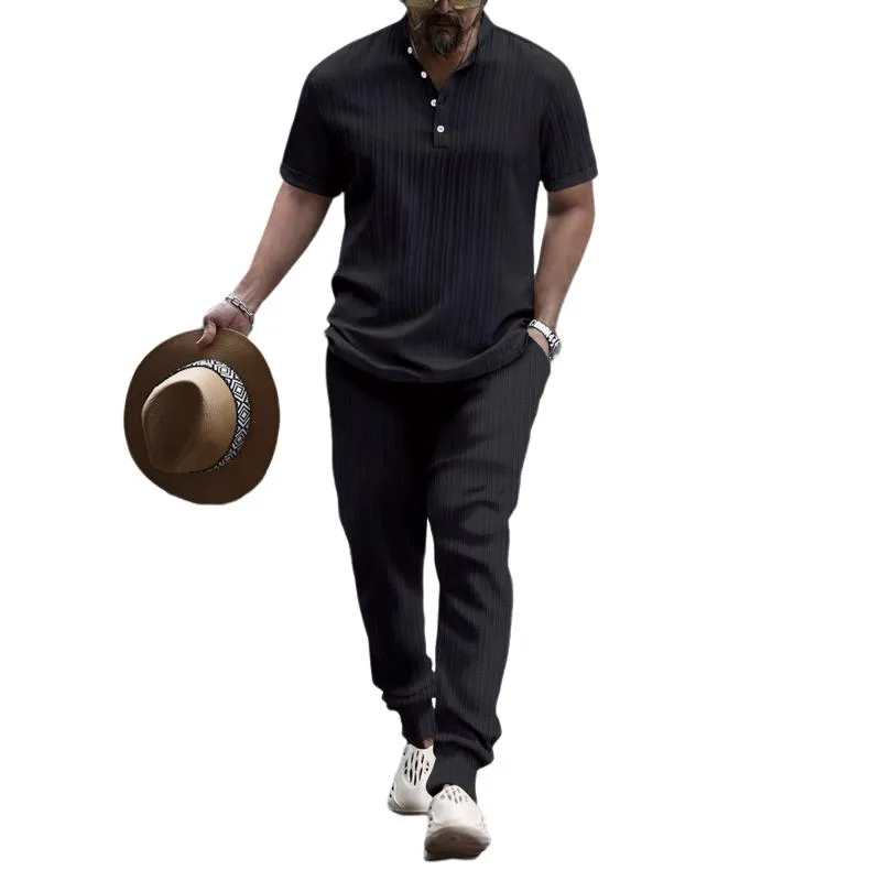 Men's Solid Color Pleated Stand Collar Short-Sleeved Shirt And Trousers Set 62474803Y sold by Manly product image thumbnail 3