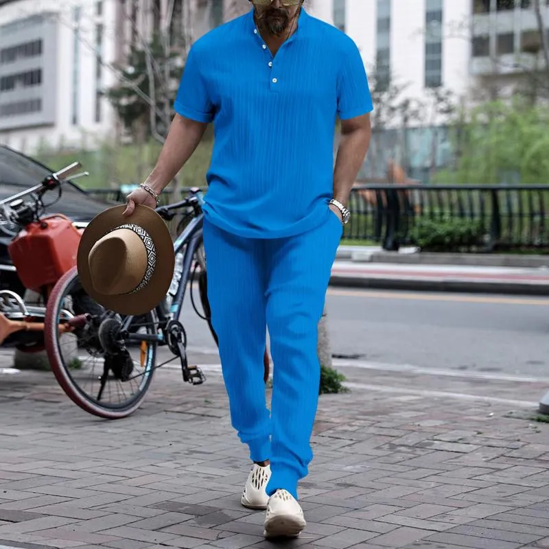 Men's Solid Color Pleated Stand Collar Short-Sleeved Shirt And Trousers Set 62474803Y sold by Manly product image thumbnail 2