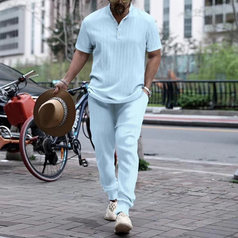 Men's Solid Color Pleated Stand Collar Short-Sleeved Shirt And Trousers Set 62474803Y sold by Manly product image thumbnail 5