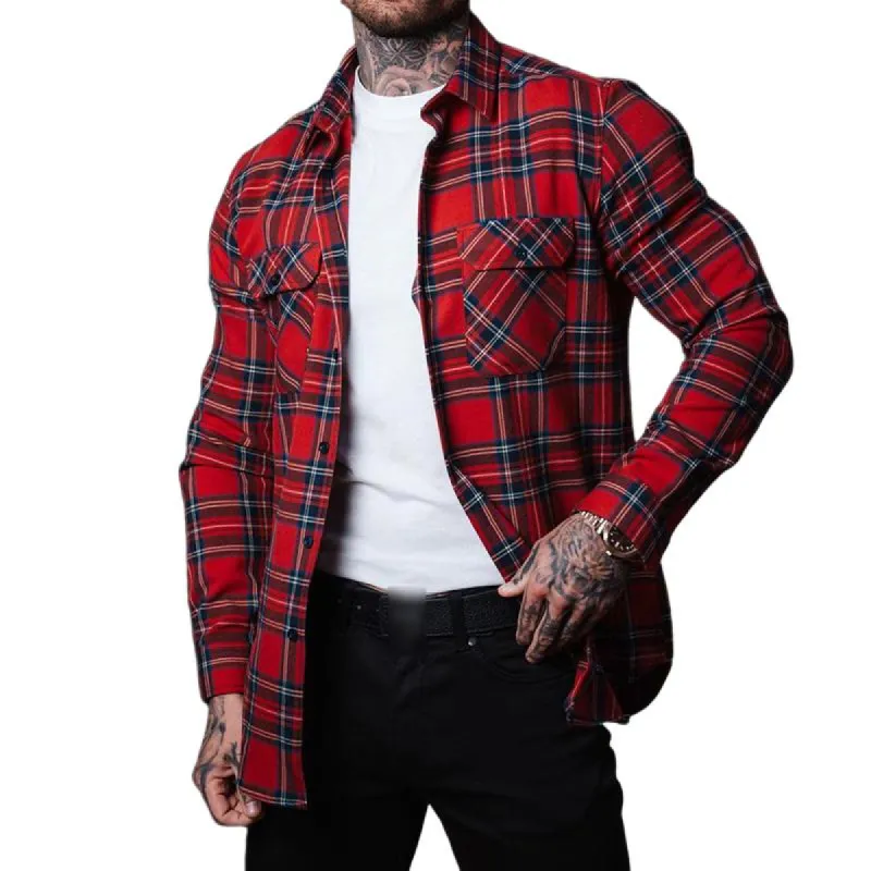 Men's Casual Vintage Plaid Lapel Pocket Long Sleeve Shirt 60213456TO sold by Manly