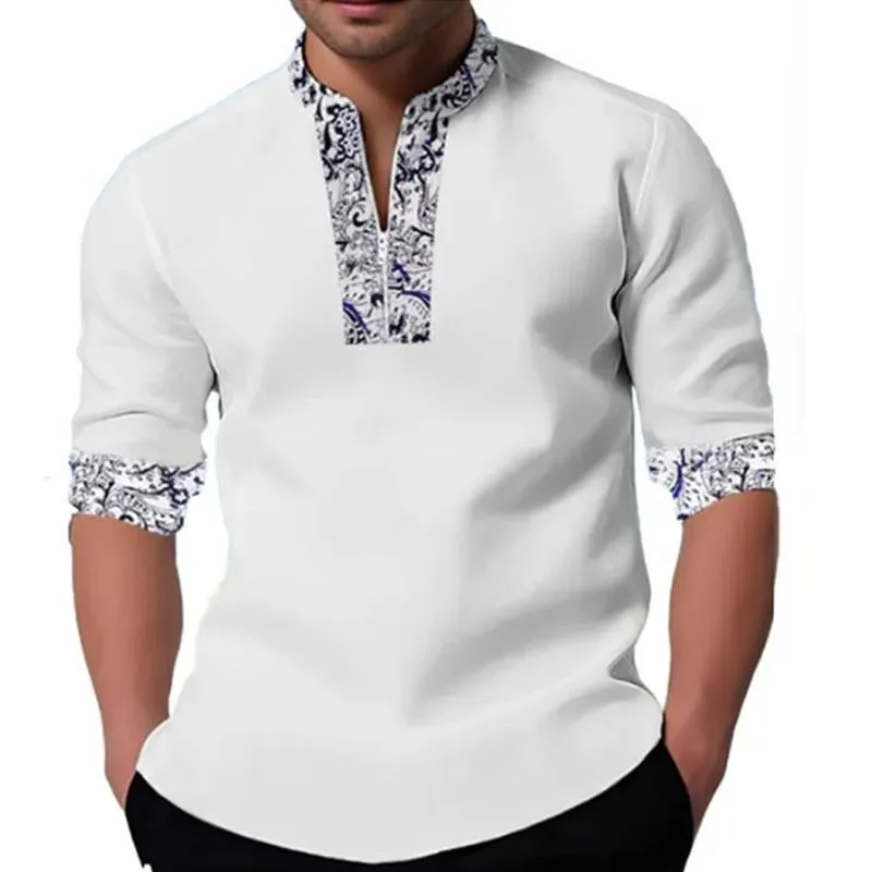 Men's Casual Printed Patchwork Zip Collar Long Sleeve Shirt 67730780Y sold by Manly product image thumbnail 3