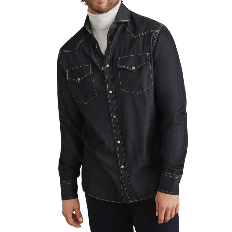 Men's Retro Thin Lapel Flap Pocket Slim Fit Denim Long Sleeve Shirt 67446679M sold by Manly