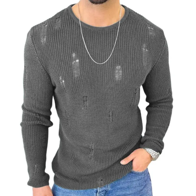 Men's Fashion Solid Color Round Neck Long Sleeve Ripped Sweater 13488676Z sold by Manly