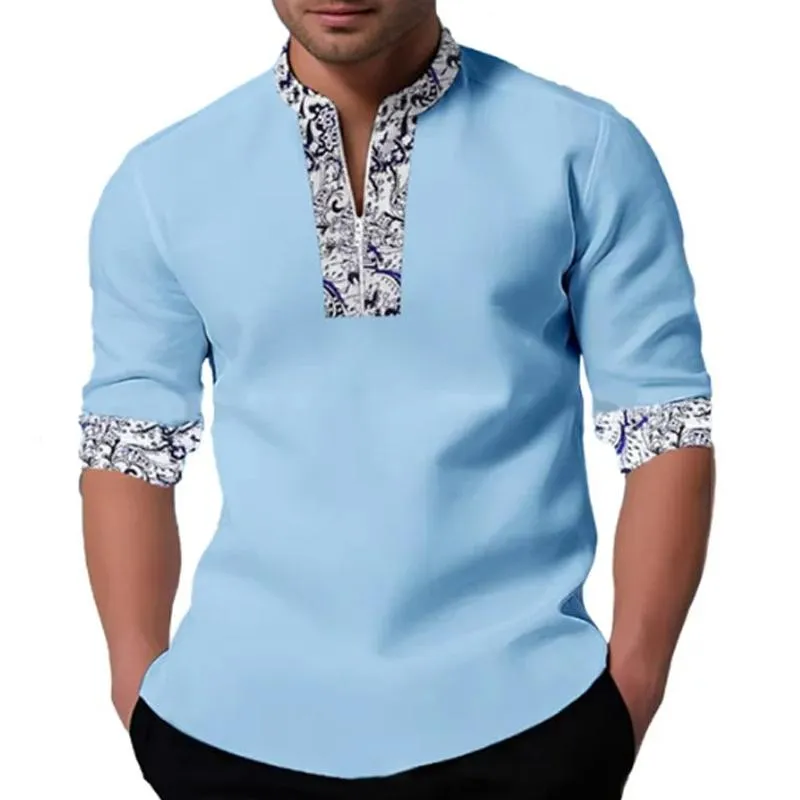 Men's Casual Printed Patchwork Zip Collar Long Sleeve Shirt 67730780Y sold by Manly product image thumbnail 2