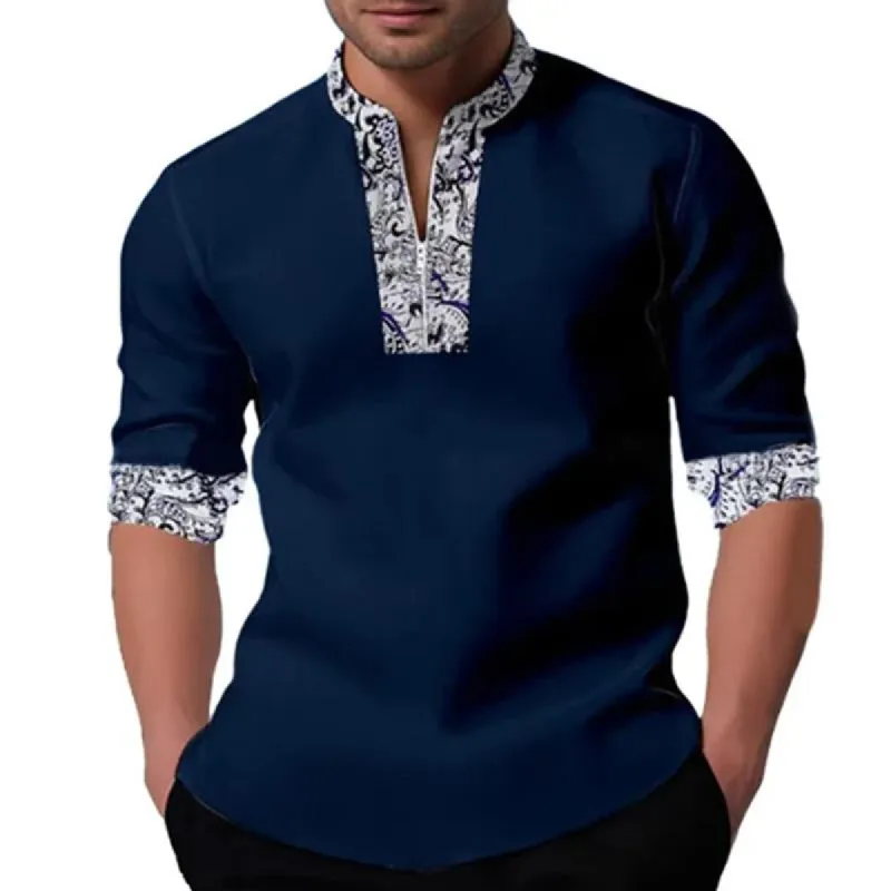 Men's Casual Printed Patchwork Zip Collar Long Sleeve Shirt 67730780Y sold by Manly
