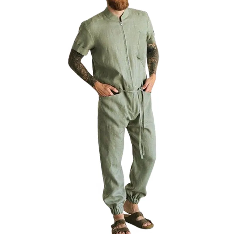 Men's Casual Solid Color Overalls Short-Sleeved Coverall Jumpsuit 11011571Y sold by Manly