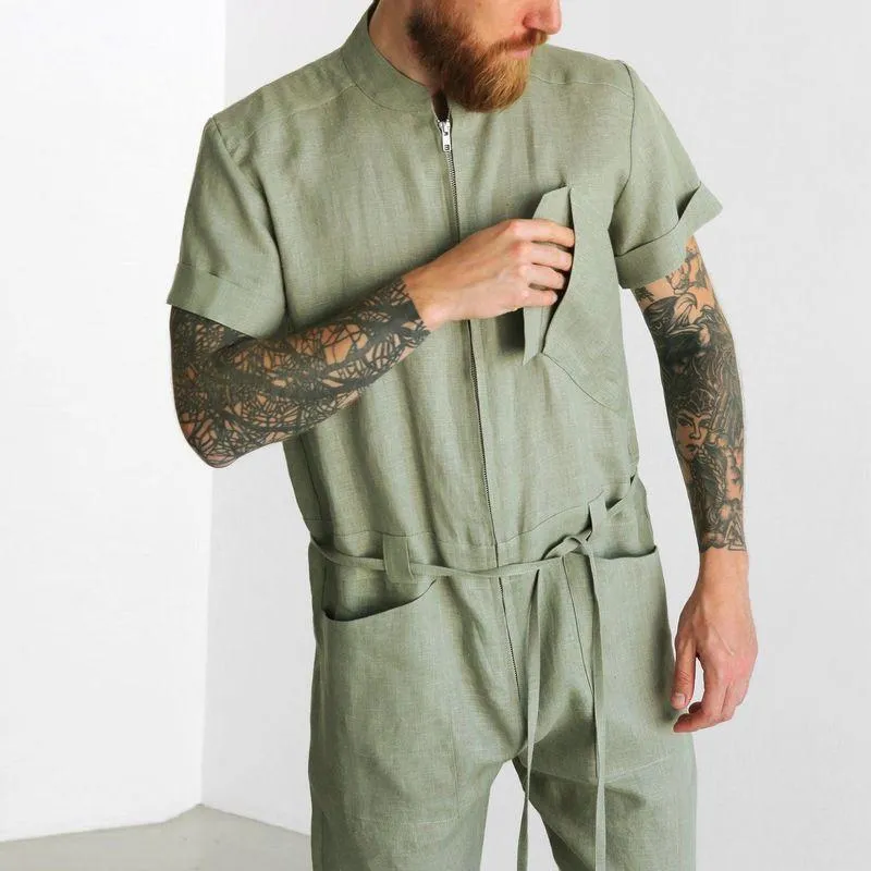 Men's Casual Solid Color Overalls Short-Sleeved Coverall Jumpsuit 11011571Y sold by Manly product image thumbnail 4