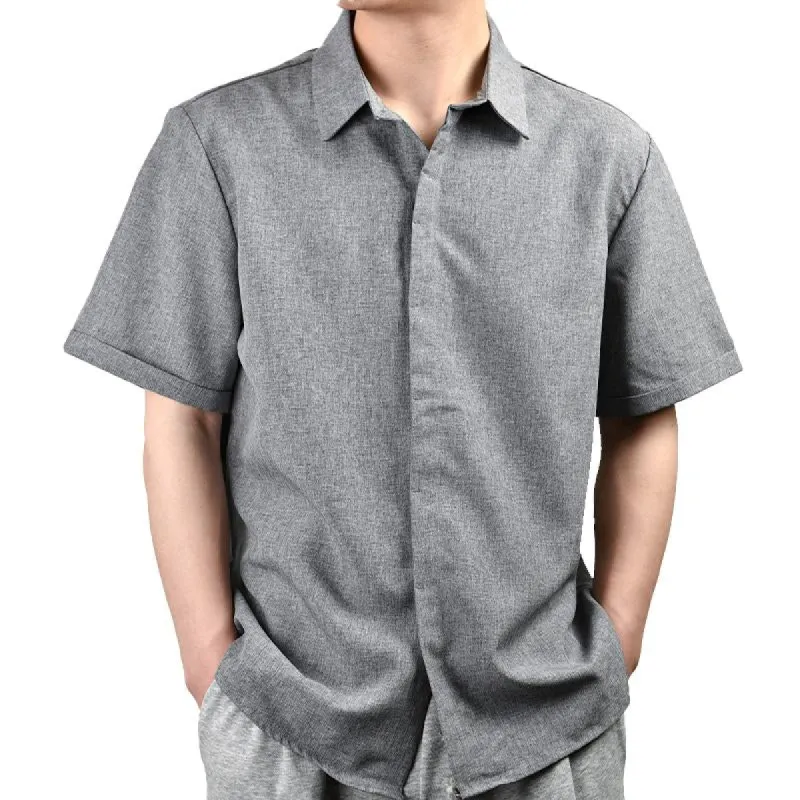 MEN'S SOLID COLOR LAPEL COTTON LINEN SHORT SLEEVE SHIRT 53279111X sold by Manly
