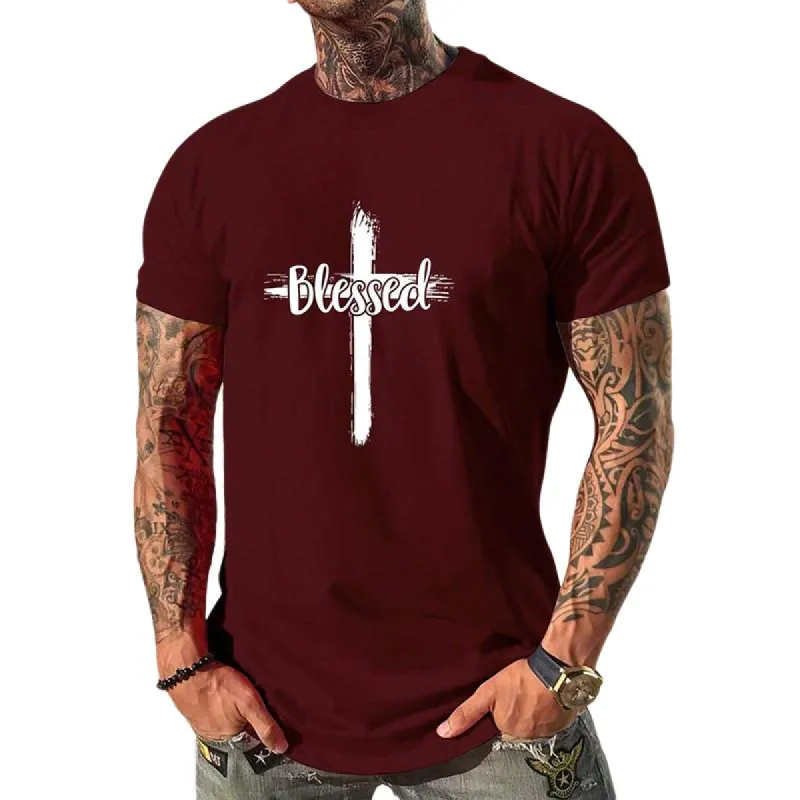 Men's Casual Cross Round Neck Short Sleeve T-Shirt 03687184TO sold by Manly