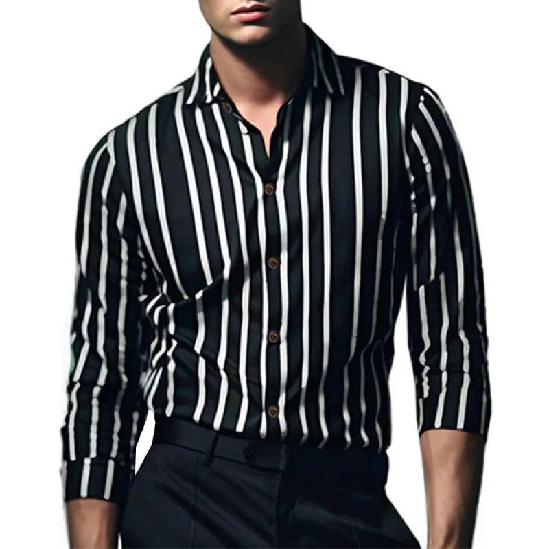 Men's Casual Striped Printed Lapel Long Sleeve Shirt 40123410M sold by Manly