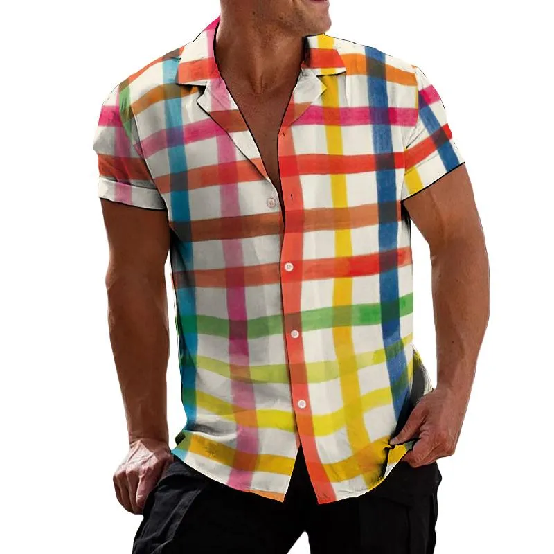 Men's Casual Colorful Plaid Lapel Short Sleeve Shirt 09138539TO sold by Manly
