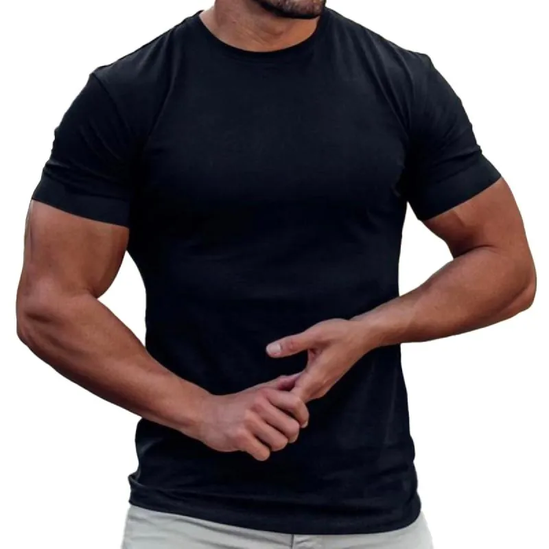 Men's Solid Round Neck Short Sleeve Sports Fitness T-shirt 15114842Z sold by Manly