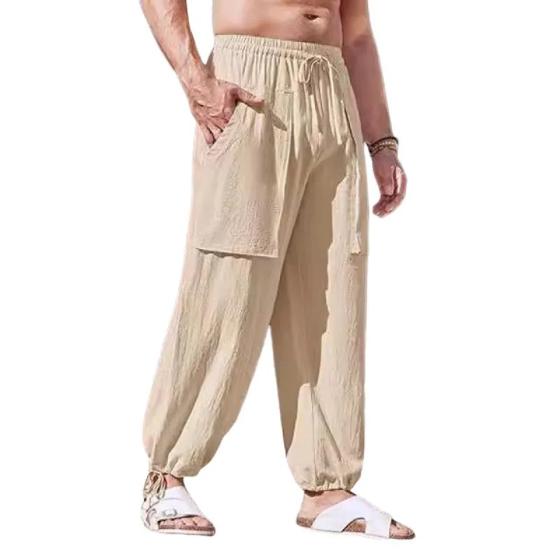 Men's Solid Cotton And Linen Loose Elastic Waist Casual Pants 77757793Z sold by Manly