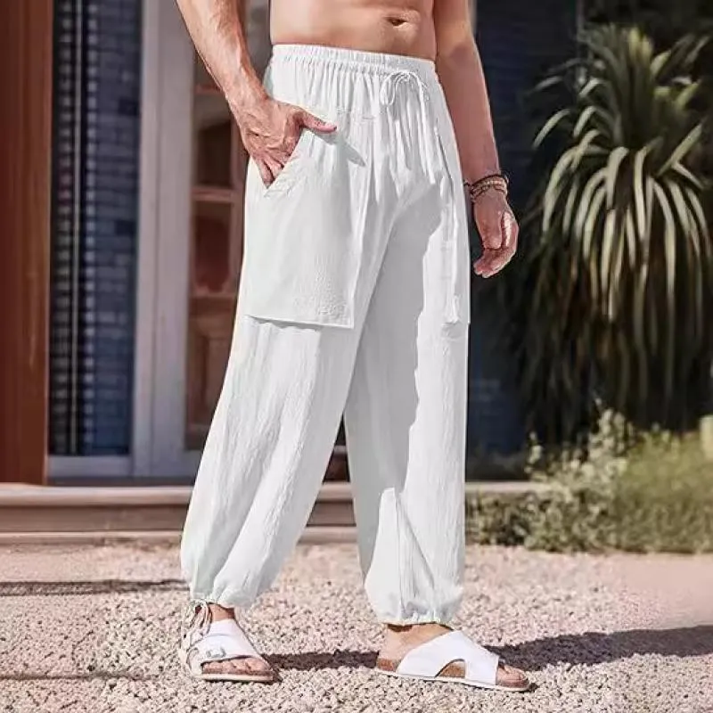 Men's Solid Cotton And Linen Loose Elastic Waist Casual Pants 77757793Z sold by Manly product image thumbnail 3