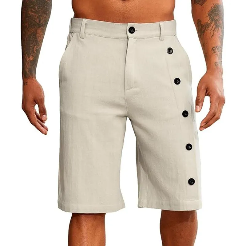 Men's Solid Linen Mid Waist Buttons Decor Casual Shorts 02678532Z sold by Manly product image thumbnail 3