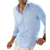 Men's Casual Solid Color Cotton Linen Lapel Collar Breathable Long Sleeve Shirt 78653851Y sold by Manly