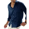 Men's Casual Solid Color Cotton Linen Lapel Collar Breathable Long Sleeve Shirt 78653851Y sold by Manly