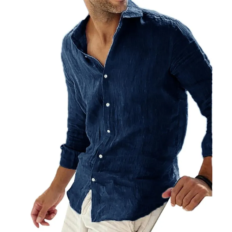 Men's Casual Solid Color Cotton Linen Lapel Collar Breathable Long Sleeve Shirt 78653851Y sold by Manly