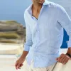 Men's Casual Solid Color Cotton Linen Lapel Collar Breathable Long Sleeve Shirt 78653851Y sold by Manly