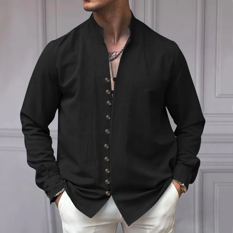Men's Casual Cotton Linen Button-down Stand Collar Loose Long-sleeved Shirt 05267262M sold by Manly product image thumbnail 4