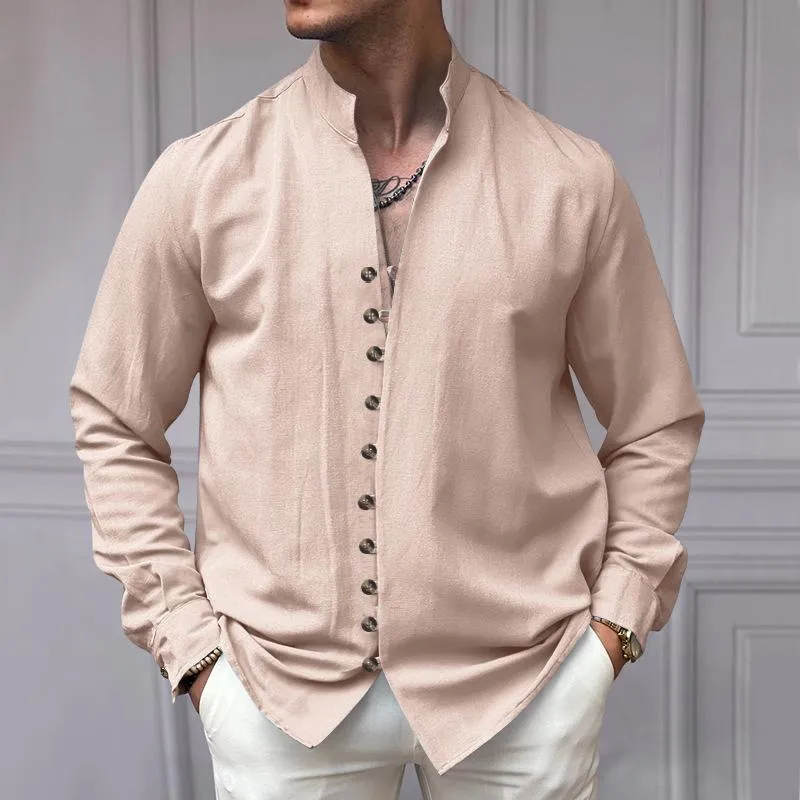 Men's Casual Cotton Linen Button-down Stand Collar Loose Long-sleeved Shirt 05267262M sold by Manly product image thumbnail 3