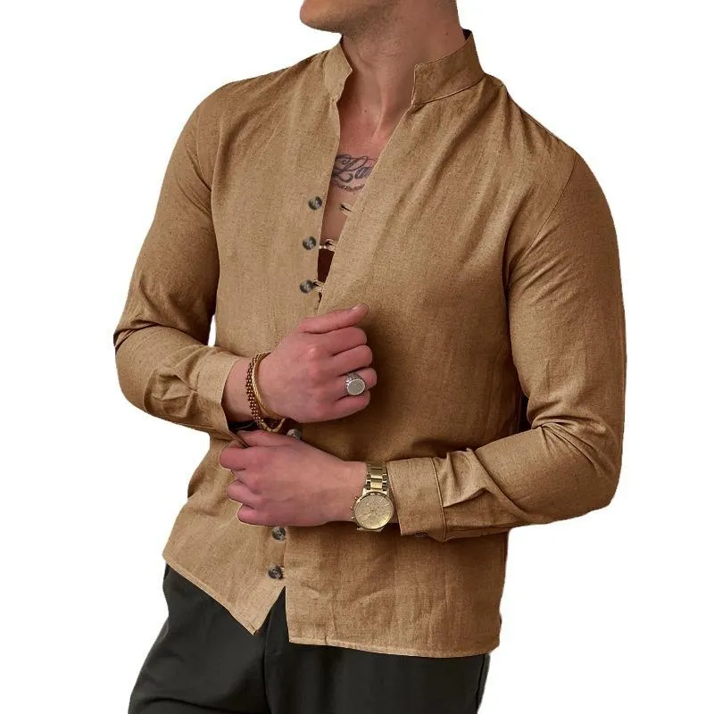 Men's Casual Cotton Linen Button-down Stand Collar Loose Long-sleeved Shirt 05267262M sold by Manly
