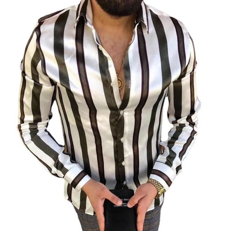Men's Casual Lapel Stripe Printed Long Sleeve Shirt 40194690Y sold by Manly