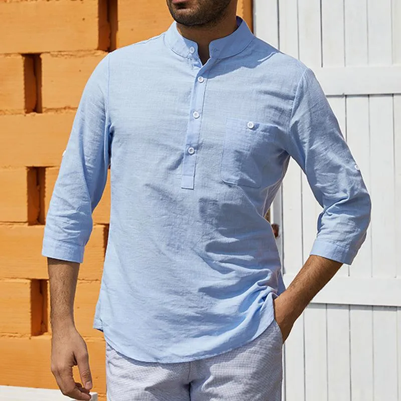 Men's Casual Solid Color Stand Collar Breast Pocket Three Quarter Sleeve Shirt 83013965Y sold by Manly product image thumbnail 3