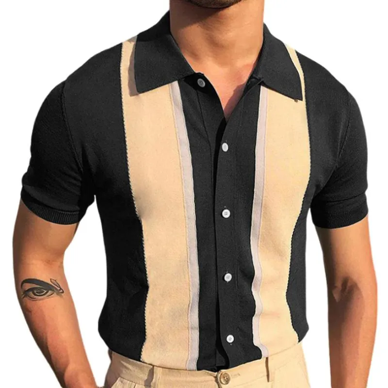 Men's Knitted Colorblock Striped Lapel Short Sleeve Single Breasted Polo Shirt 74925811Z sold by Manly