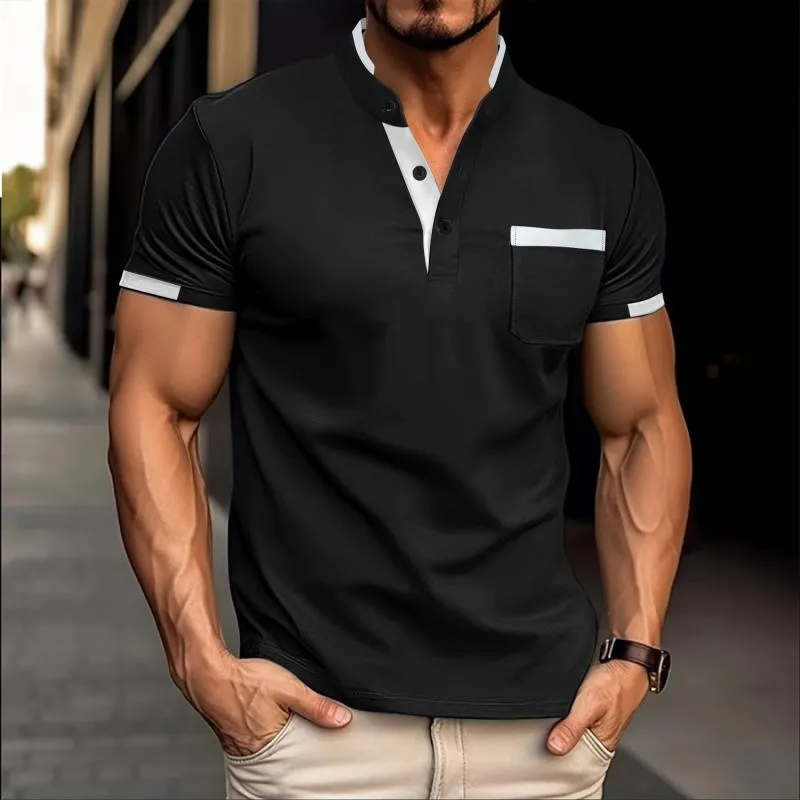 Men's Casual Contrast Color Stand Collar Patch Pocket Slim Fit Short Sleeve T-shirt 60388856M sold by Manly product image thumbnail 5