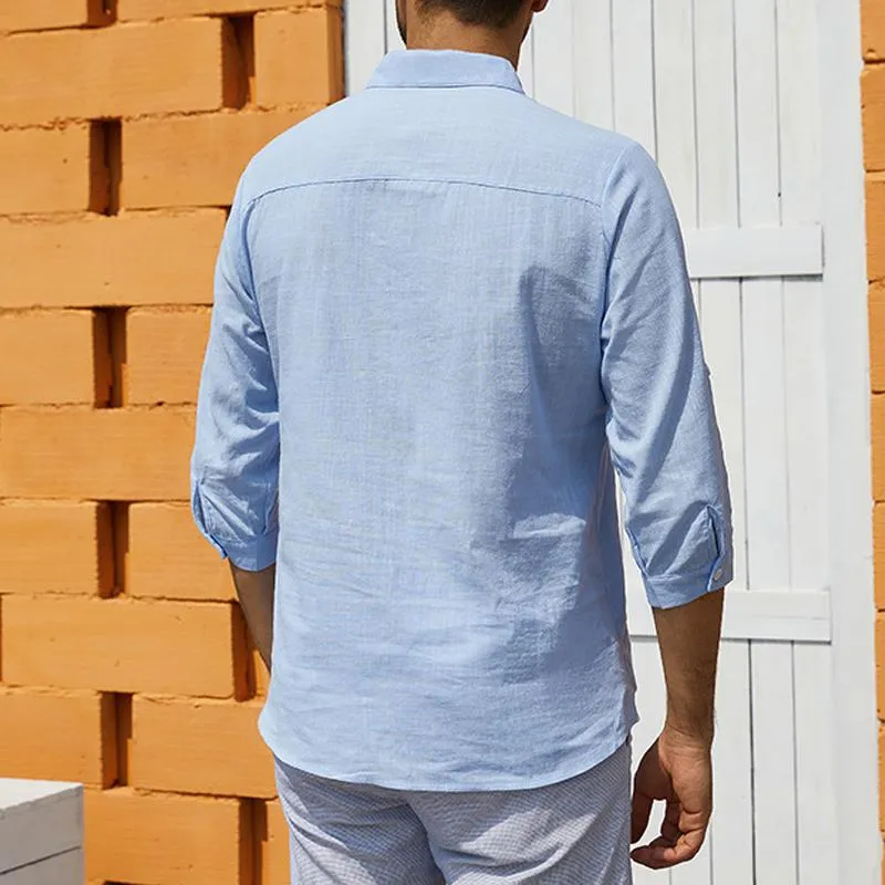 Men's Casual Solid Color Stand Collar Breast Pocket Three Quarter Sleeve Shirt 83013965Y sold by Manly product image thumbnail 4